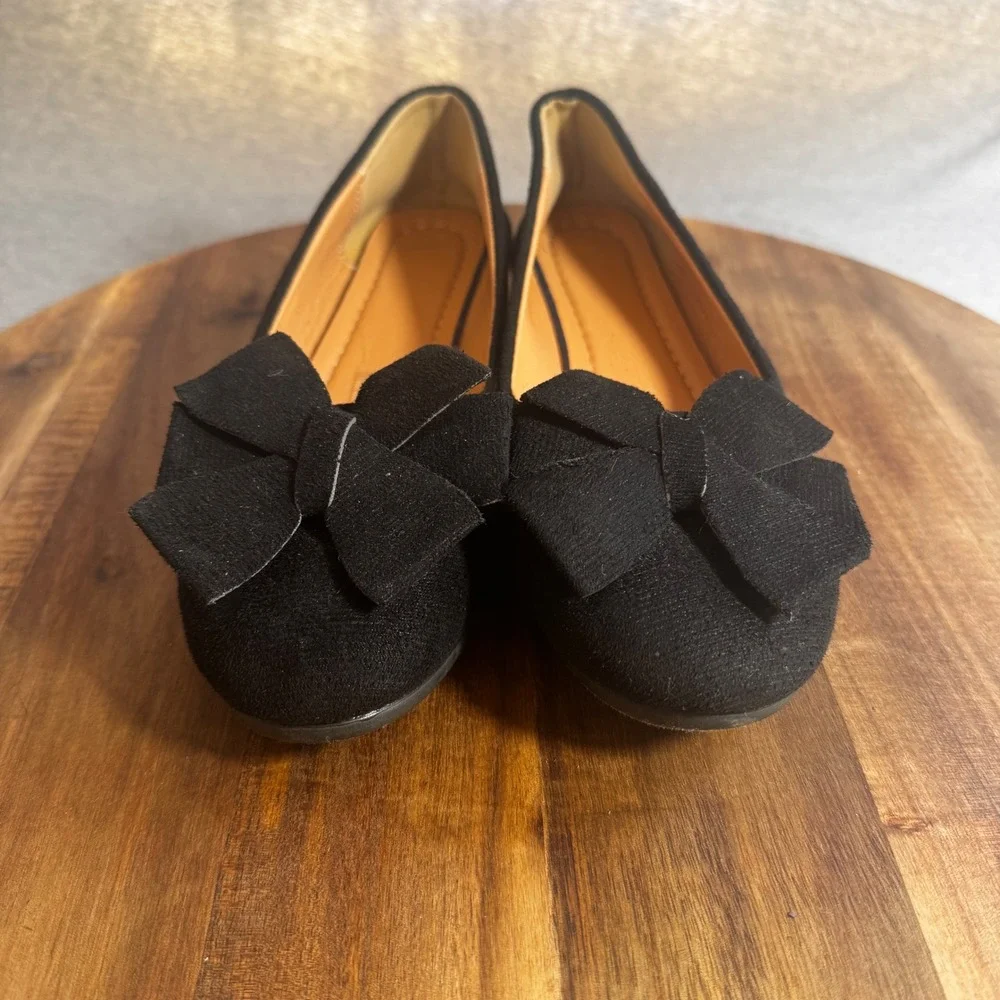 Black Bow Wedge Pumps Round Toe Low Heel Faux Suede Dress Shoes Size 40